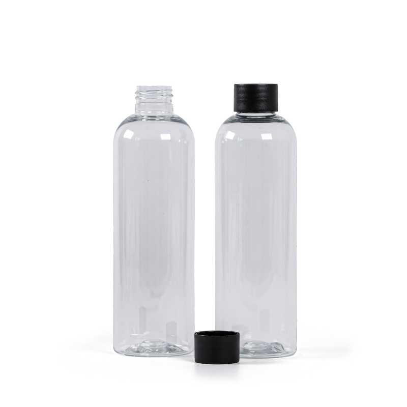Bottiglia di plastica trasparente, 250 ml, tappo nero opaco, 24/410