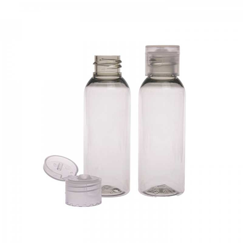 Bottiglia in plastica riciclata, trasparente, 50 ml, tappo flip-top trasparente