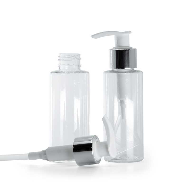 Bottiglia di plastica trasparente, pompa lozione bianca con collare argento lucido, 100 ml