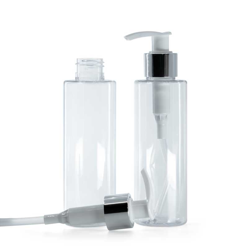 Bottiglia di plastica trasparente, dosatore bianco con anello argentato lucido, 150 ml
