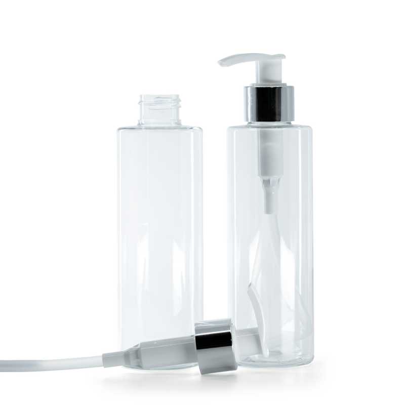 Bottiglia di plastica trasparente, dosatore bianco con anello argento lucido, 200 ml