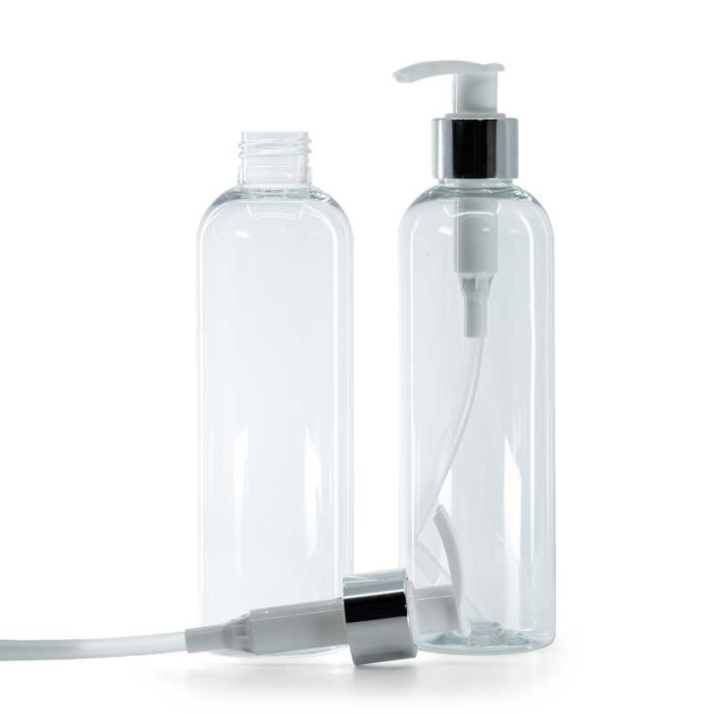 Bottiglia di plastica trasparente, dosatore bianco, 250 ml