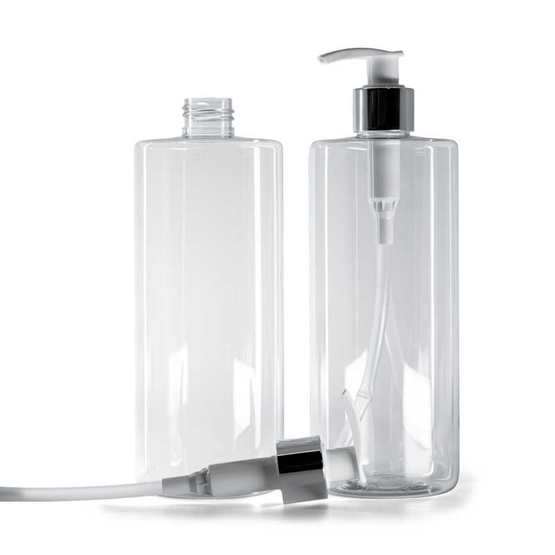 Bottiglia di plastica trasparente, dosatore bianco con collare argento lucido, 500 ml