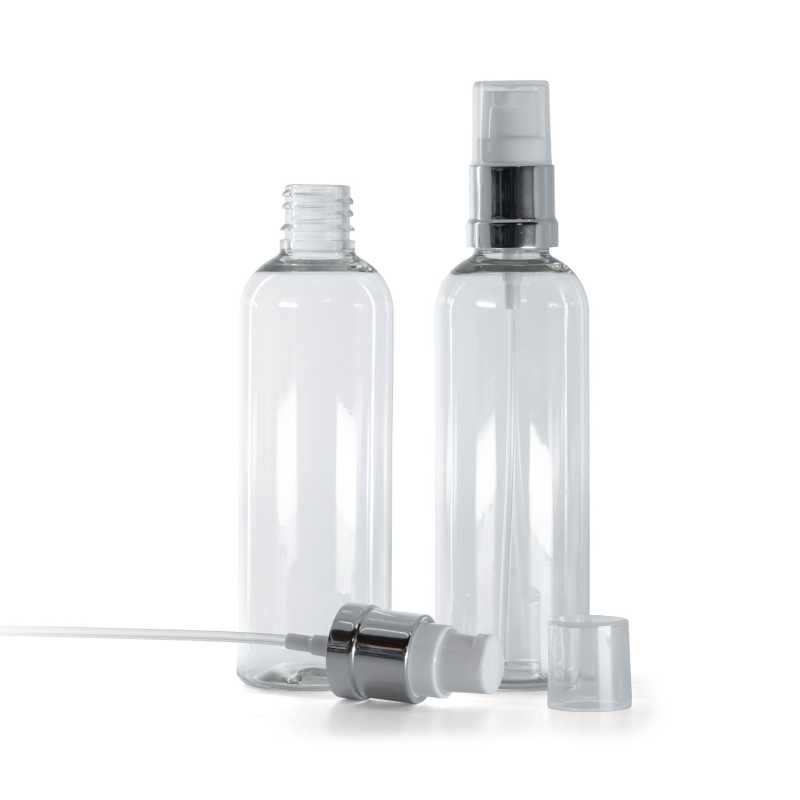 Flacone in plastica, trasparente, pompa bianco argento lucida, 100 ml