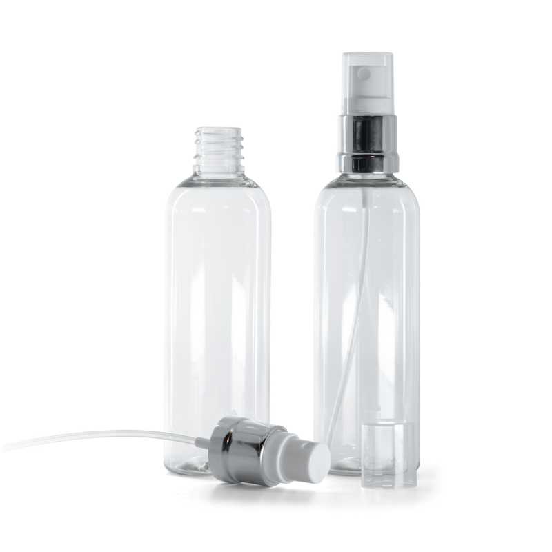 Bottiglia in plastica trasparente, spruzzatore bianco argento, 100 ml