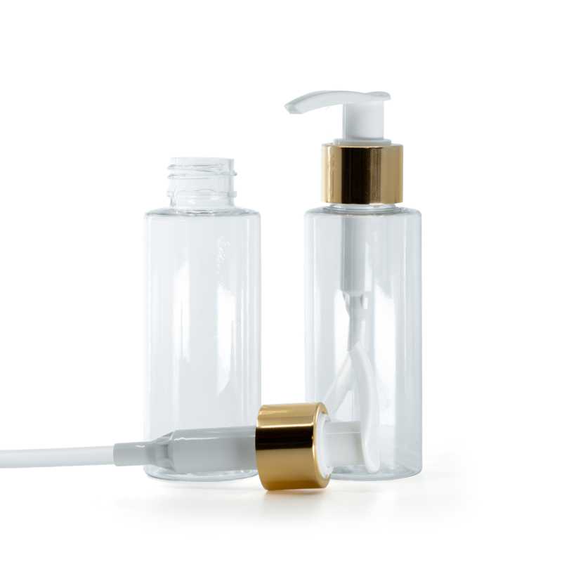 Flacone di plastica trasparente, pompa bianca con anello dorato lucido, 100 ml