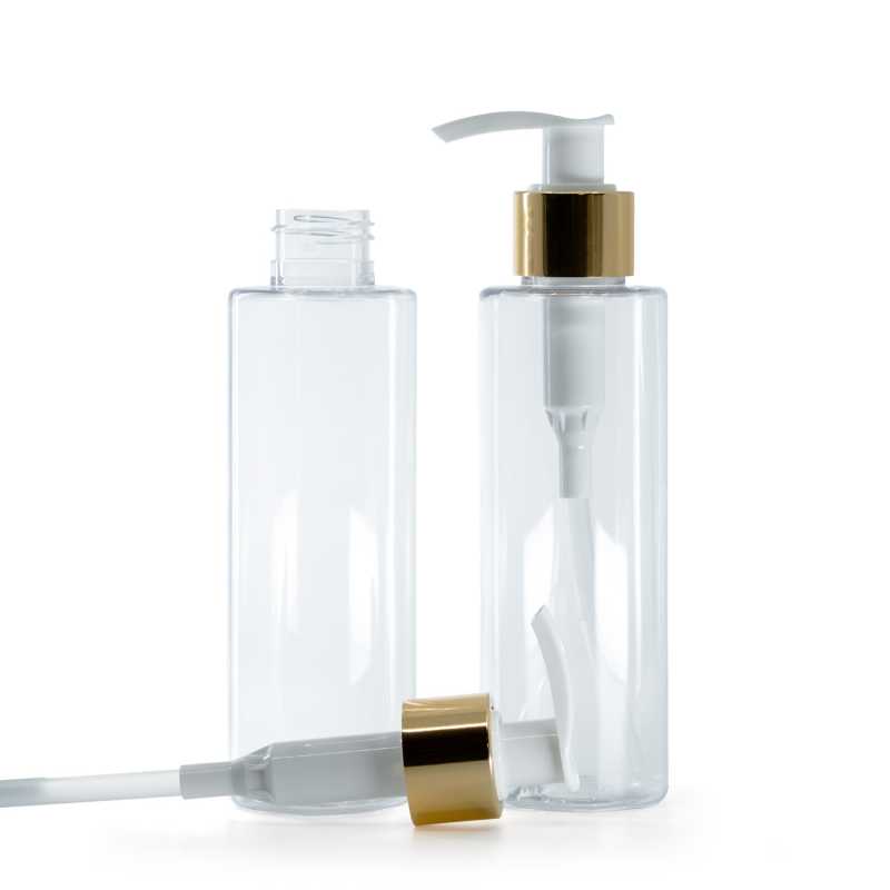 Bottiglia di plastica trasparente, pompa lozione bianca con collare oro lucido, 150 ml