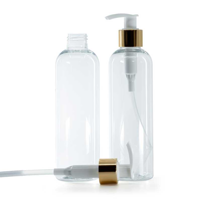 Bottiglia di plastica trasparente, dosatore bianco con anello dorato lucido, 250 ml