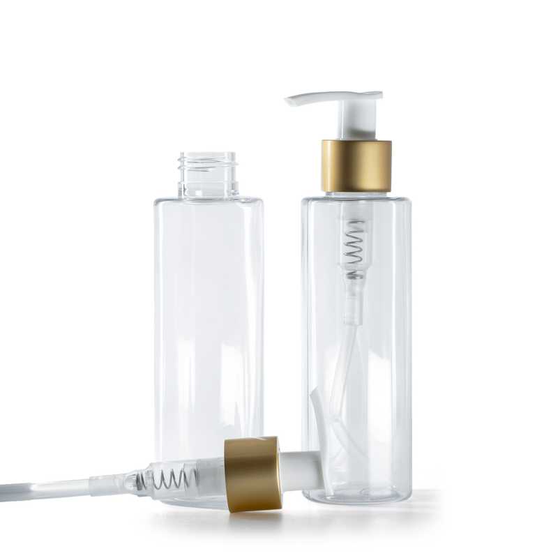 Bottiglia di plastica trasparente, dosatore bianco con anello oro opaco, 150 ml