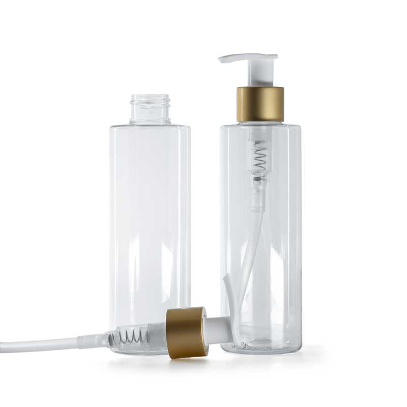 Bottiglia di plastica trasparente, pompa bianca con collare oro opaco, 200 ml