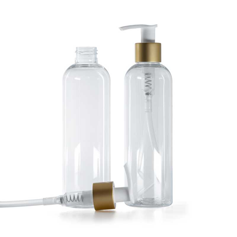 Bottiglia di plastica trasparente, pompa bianca con collarino oro opaco, 250 ml