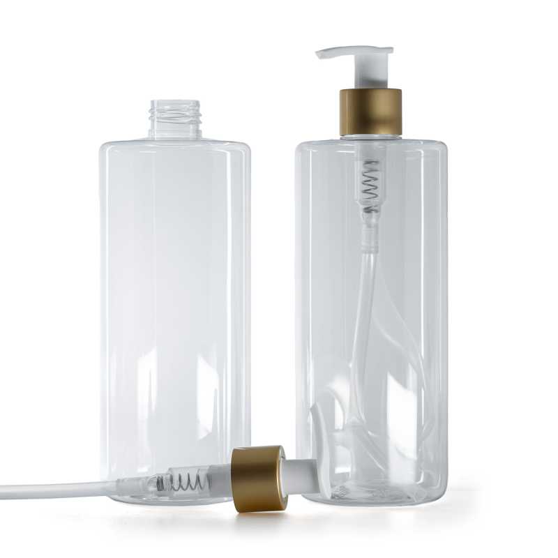 Bottiglia di plastica trasparente, dosatore bianco con anello oro opaco, 500 ml