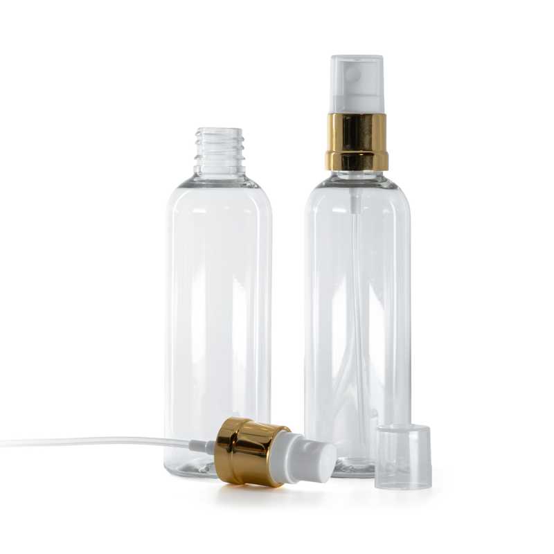 Bottiglia in plastica trasparente, spruzzatore bianco oro, 100 ml