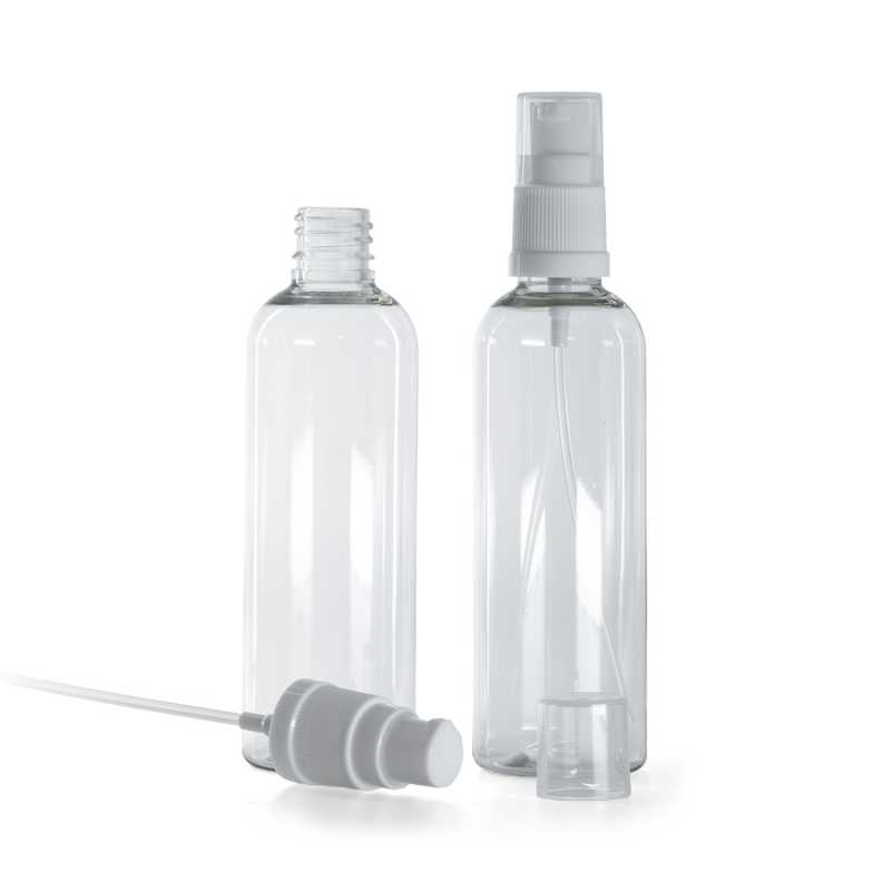 Bottiglia in plastica, trasparente, dosatore bianco, 100 ml