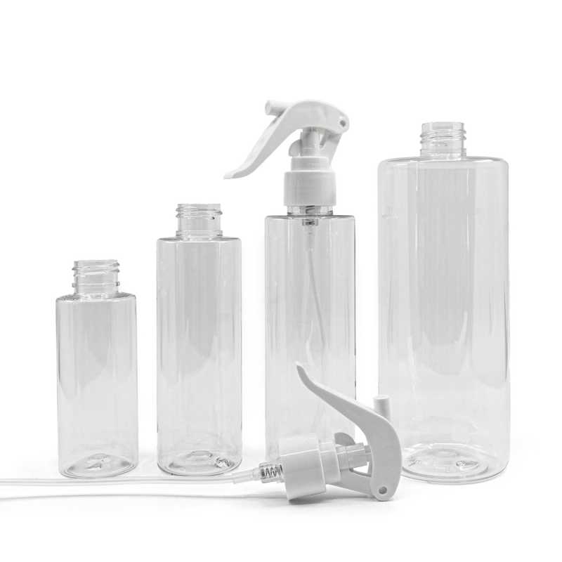 Bottiglia di plastica trasparente, spruzzatore a grilletto bianco, 200 ml