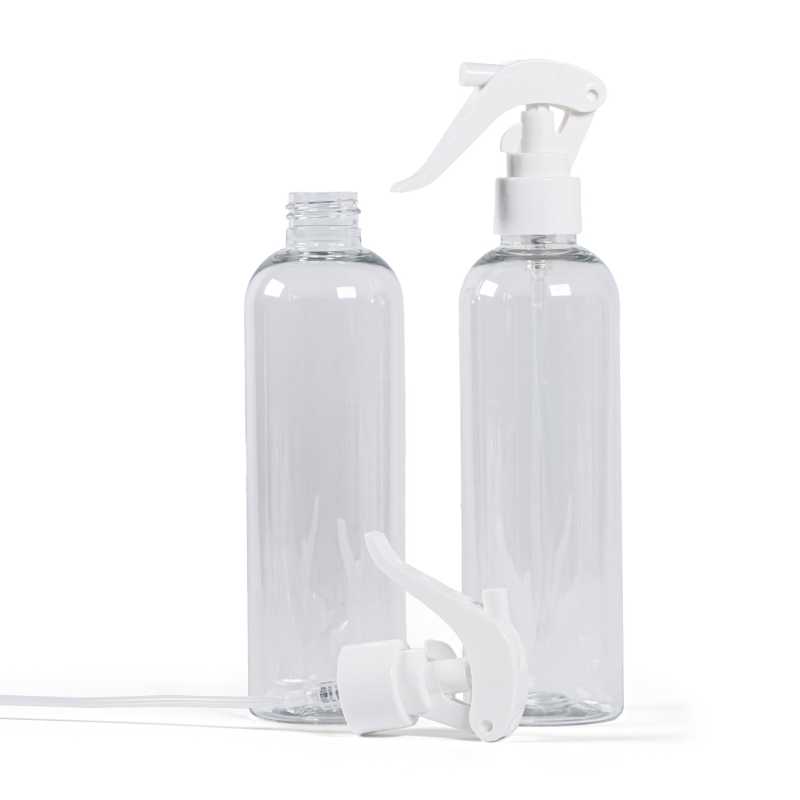 Bottiglia di plastica trasparente, spruzzatore a grilletto bianco, 250 ml