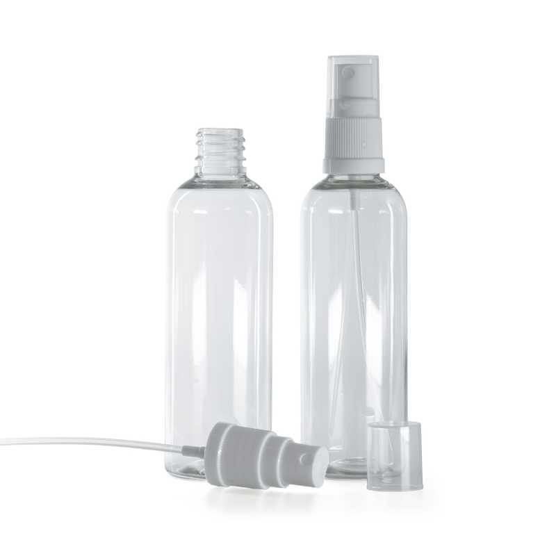 Flacone di plastica trasparente, spruzzatore bianco, 100 ml