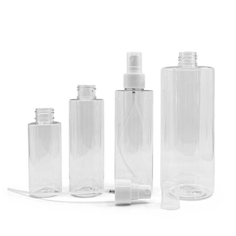 Bottiglia di plastica trasparente, spruzzatore bianco, 150 ml
