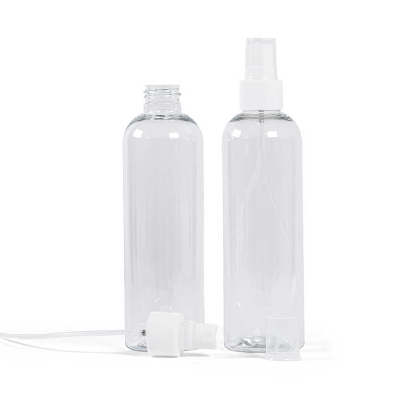 Bottiglia di plastica trasparente, spruzzatore bianco, 250 ml