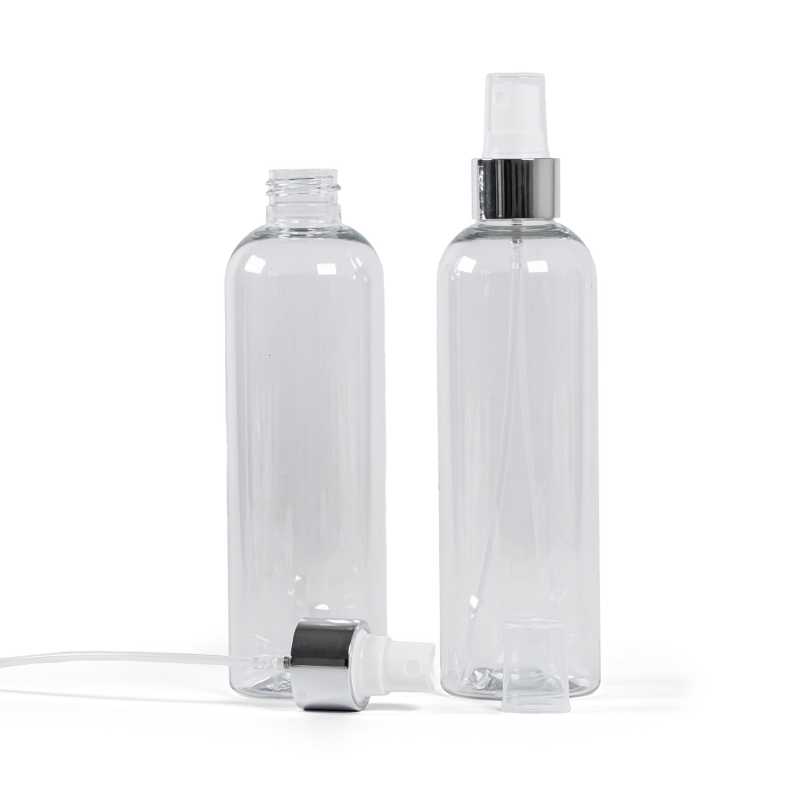 Bottiglia di plastica trasparente, spruzzatore bianco, anello argento lucido, 250 ml