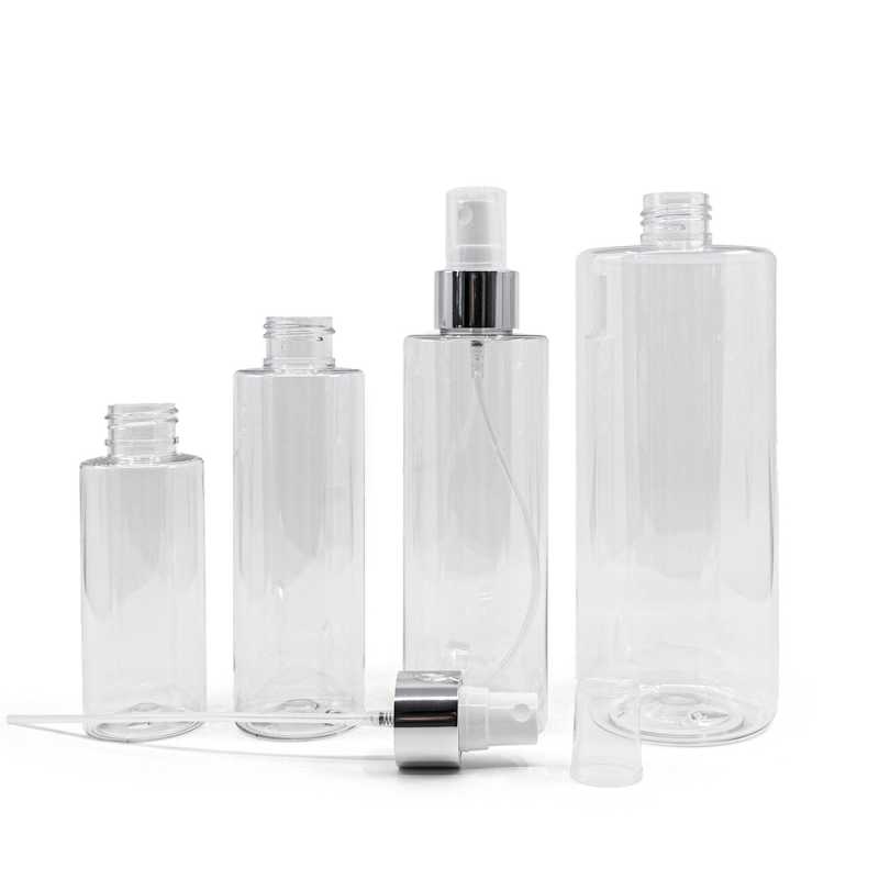 Bottiglia di plastica trasparente, spruzzatore bianco, anello argento lucido, 500 ml