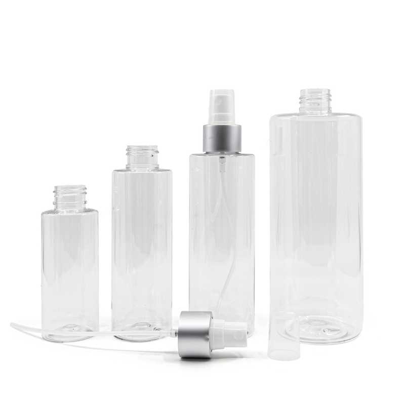 Bottiglia di plastica trasparente, spruzzatore bianco, anello argento opaco, 500 ml