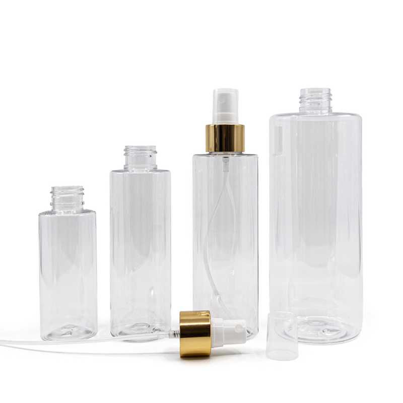 Flacone di plastica trasparente, spruzzatore bianco, anello oro lucido, 100 ml
