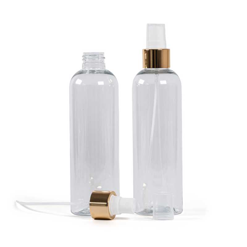 Bottiglia di plastica trasparente, spruzzatore bianco, anello oro lucido, 250 ml