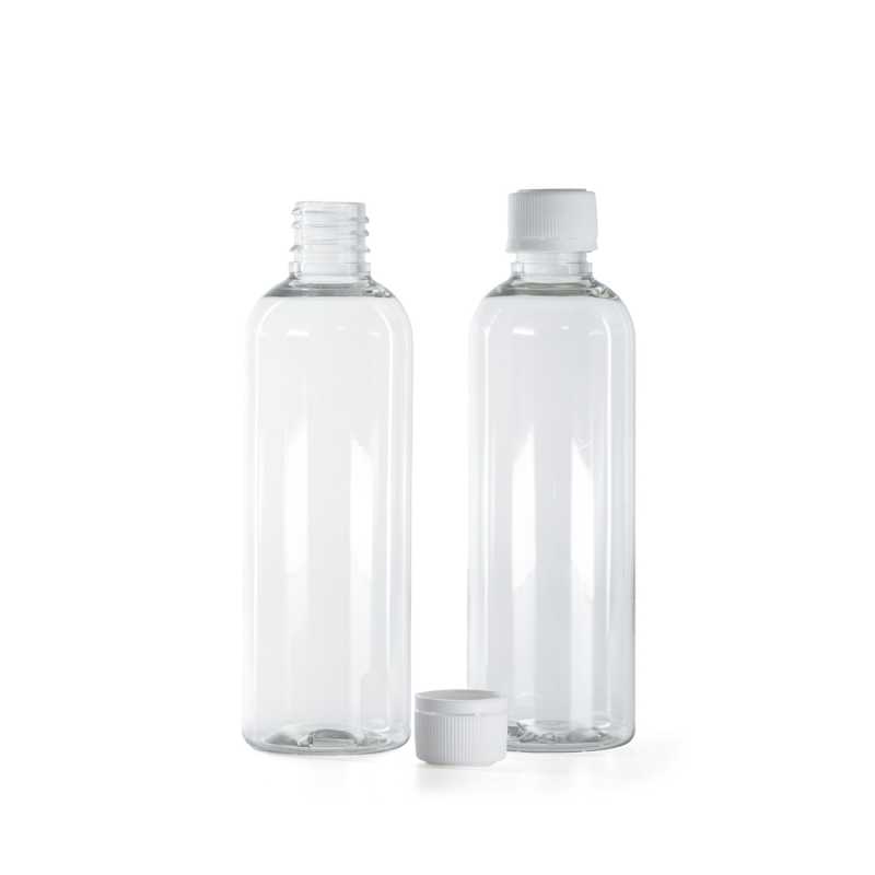 Bottiglia di plastica trasparente, tappo di sicurezza bianco, 100 ml