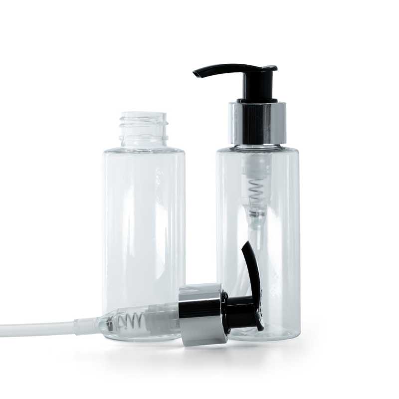 Flacone di plastica trasparente, dosatore nero e argento, 100 ml