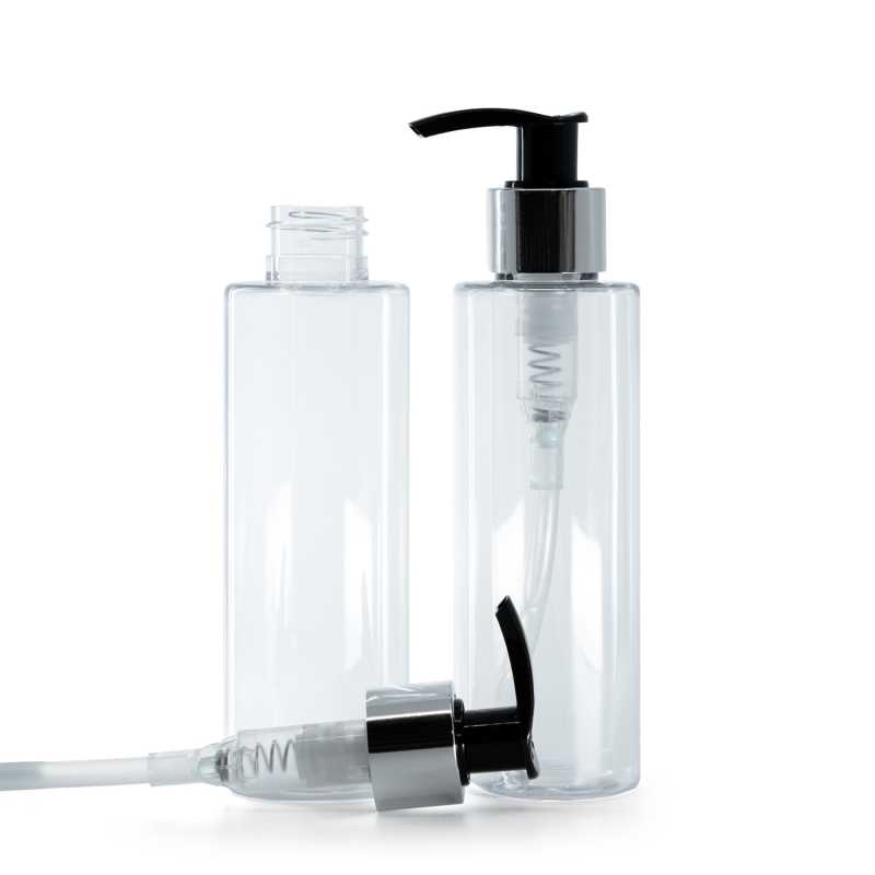 Bottiglia di plastica trasparente, dosatore nero e argento, 150 ml