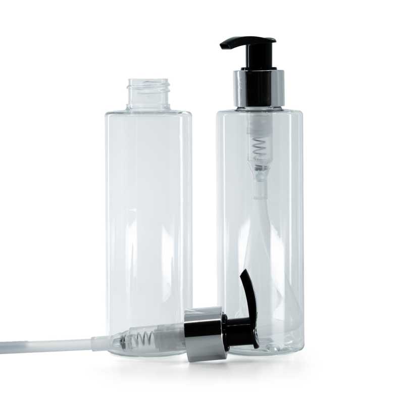 Bottiglia di plastica trasparente, dosatore nero e argento, 200 ml