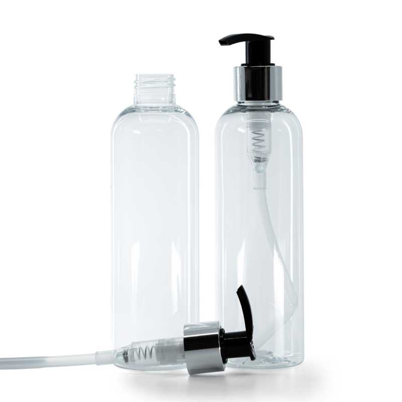 Bottiglia di plastica trasparente, dosatore nero e argentato, 250 ml