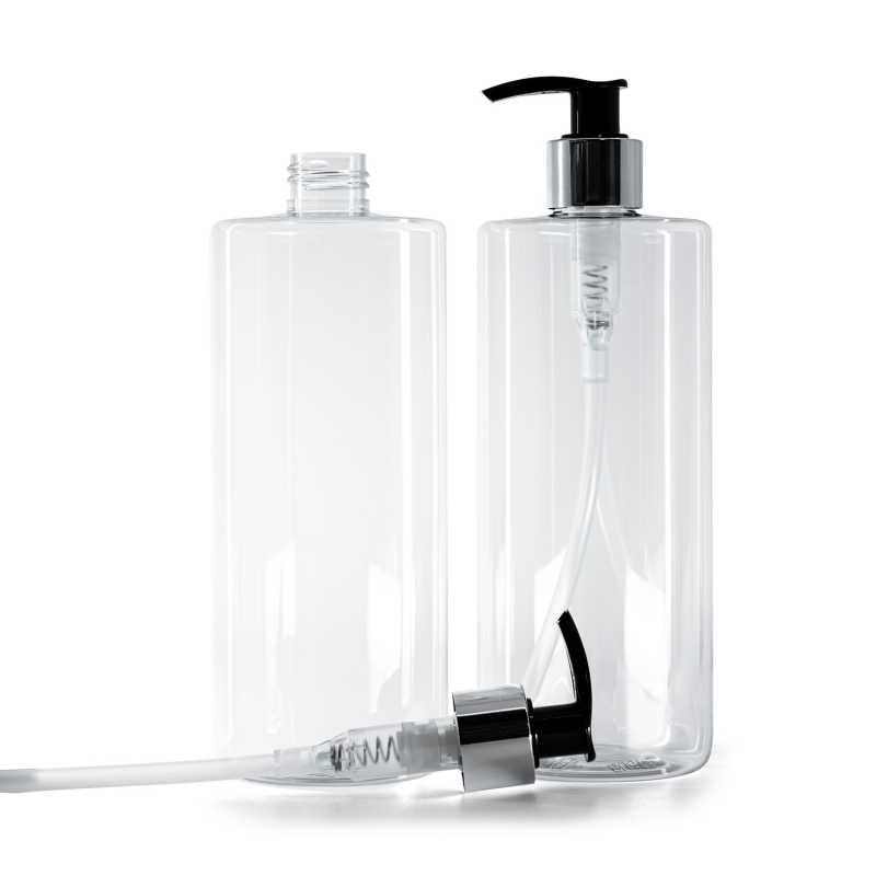 Bottiglia di plastica trasparente, dosatore nero e argentato, 500 ml
