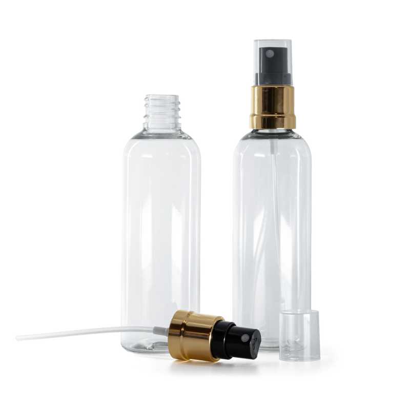 Bottiglia in plastica, trasparente, spruzzatore nero oro, 100 ml