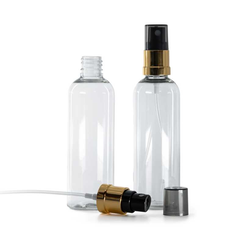 Bottiglia di plastica trasparente, spruzzatore nero e dorato, sopra-tappo fumé, 100 ml