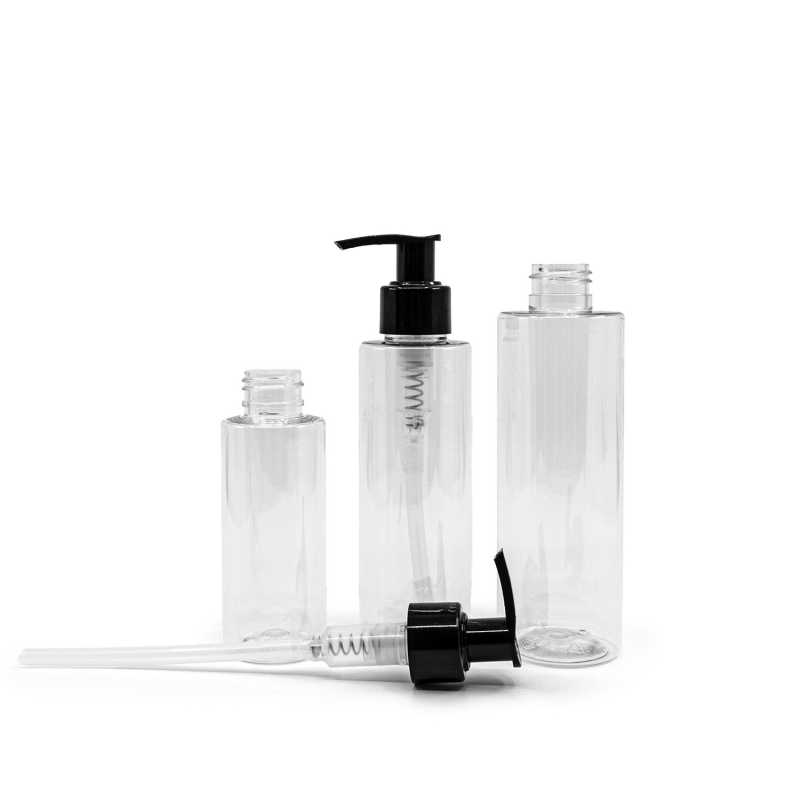 Flacone di plastica trasparente, dosatore nero, 100 ml