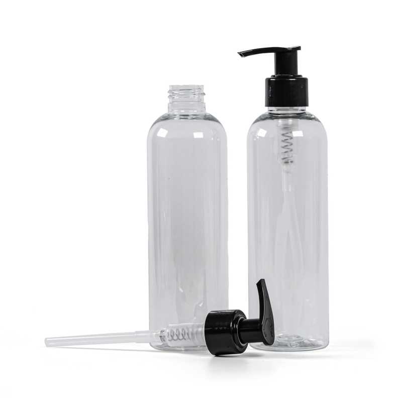 Bottiglia di plastica trasparente, dosatore nero, 250 ml