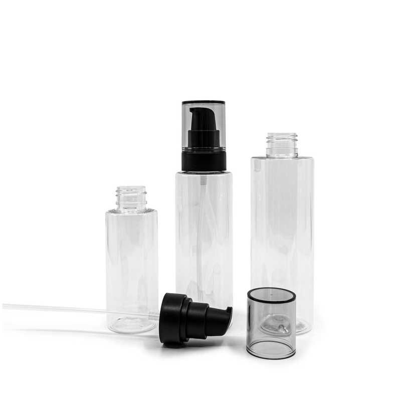 Bottiglia di plastica trasparente, dosatore nero con sopra-tappo fumé, 150 ml