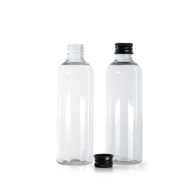 Flacone in plastica, trasparente, tappo in alluminio nero, 100 ml