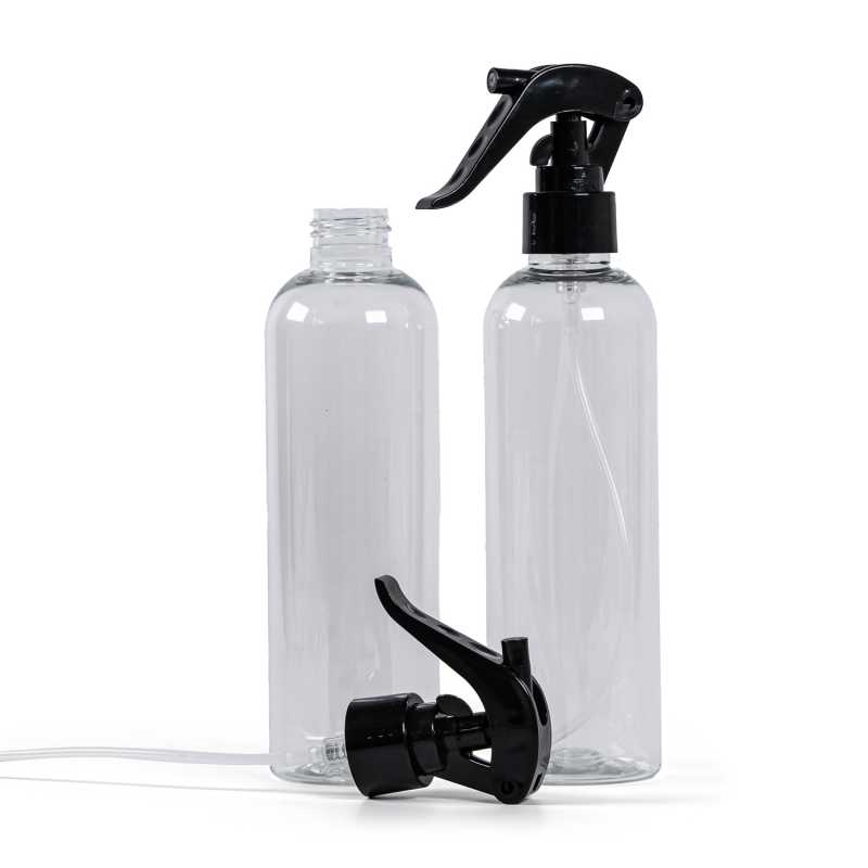 Bottiglia di plastica trasparente, spruzzatore a grilletto nero, 250 ml