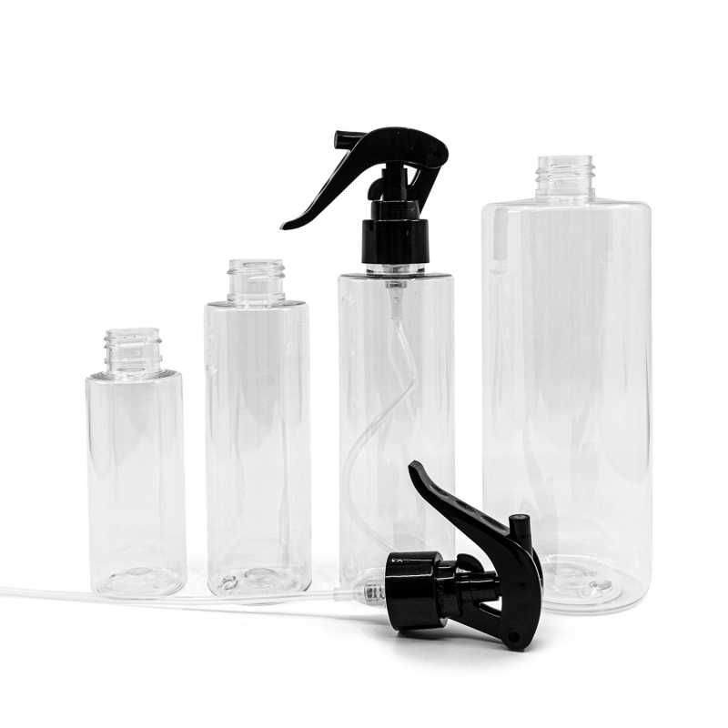 Bottiglia di plastica trasparente, spruzzatore a grilletto nero, 500 ml