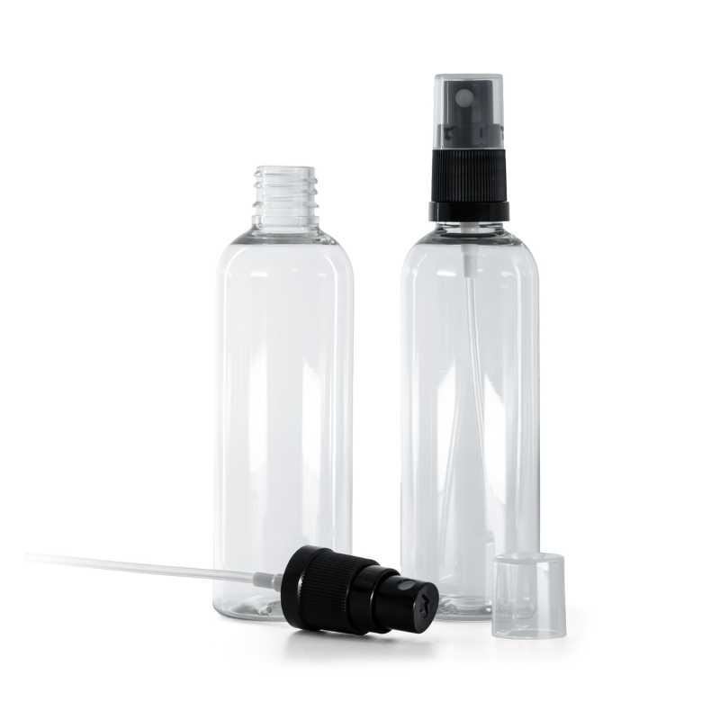 Flacone di plastica trasparente, spruzzatore nero, 100 ml