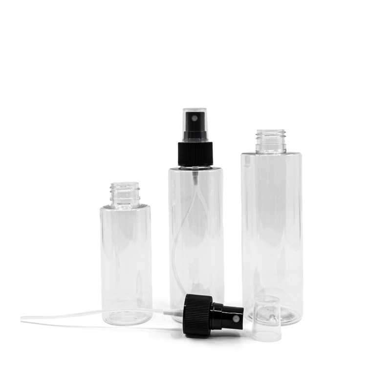 Bottiglia di plastica trasparente, spruzzatore nero, 150 ml