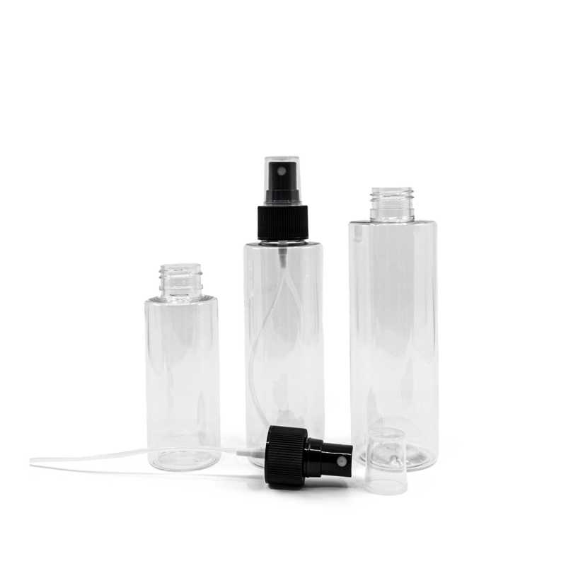 Bottiglia di plastica trasparente, spruzzatore nero, 200 ml