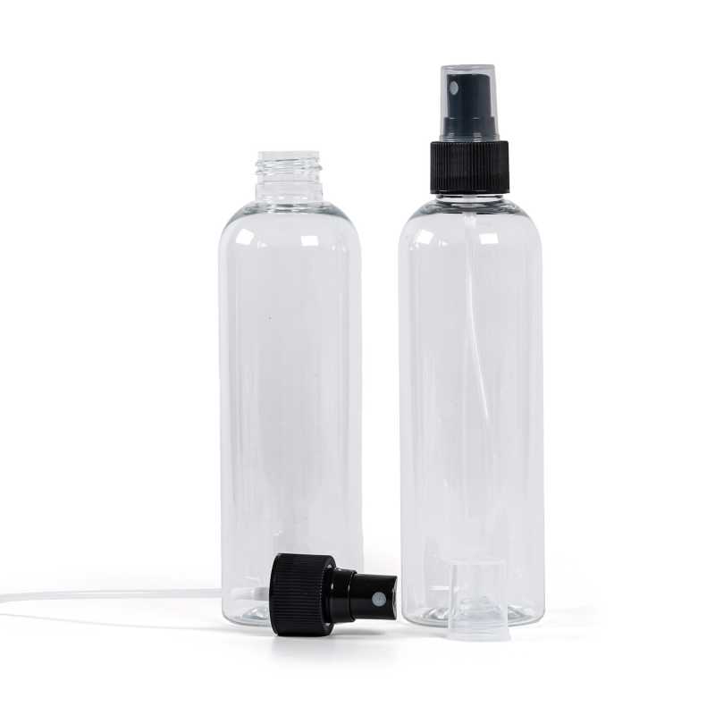 Bottiglia di plastica trasparente, spruzzatore nero, 250 ml
