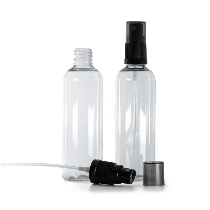 Bottiglia di plastica trasparente, spruzzatore nero, sopra-tappo fumé, 100 ml