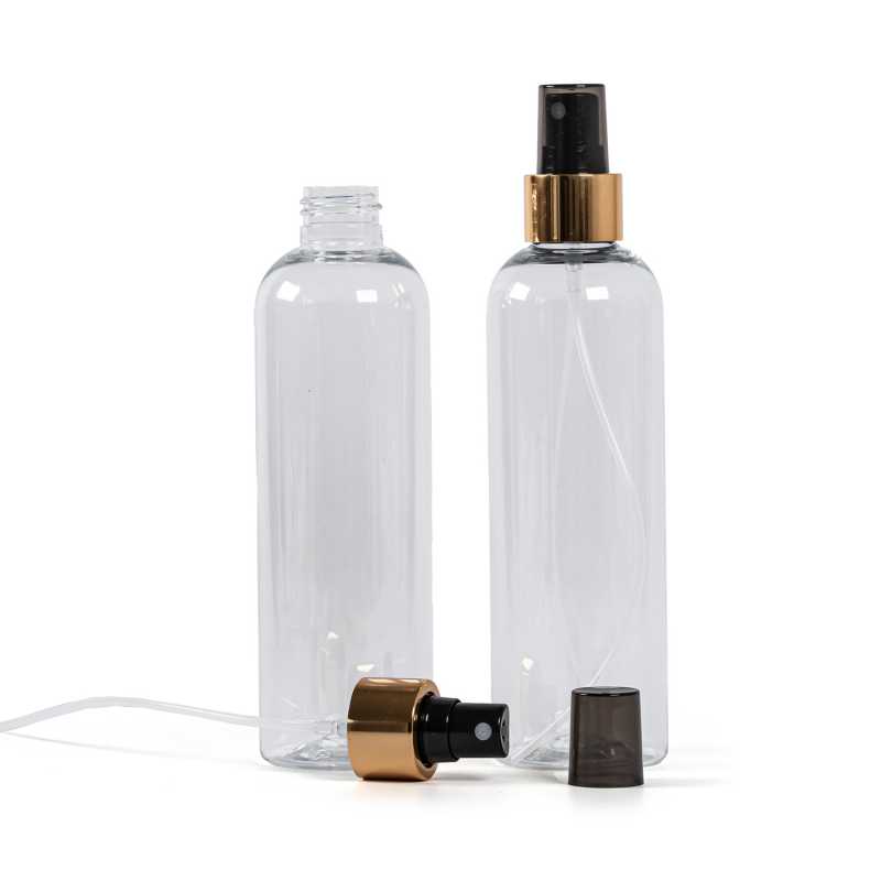 Bottiglia di plastica trasparente, spruzzatore nero, anello dorato lucido, 250 ml
