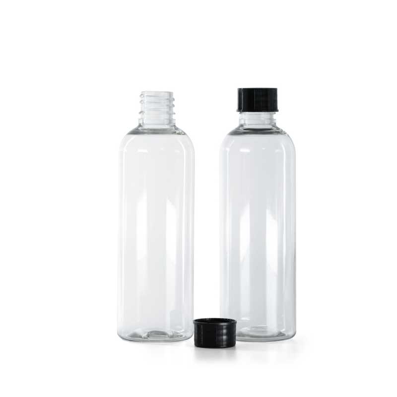 Flacone in plastica, trasparente, tappo nero, 100 ml