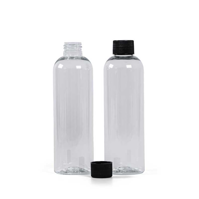 Bottiglia di plastica trasparente, 250 ml, tappo zigrinato nero